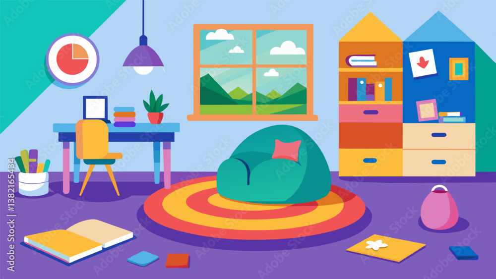 Poster a colorful and playful setup in a childs bedroom featuring a bean bag chair a colorful rug and a sma