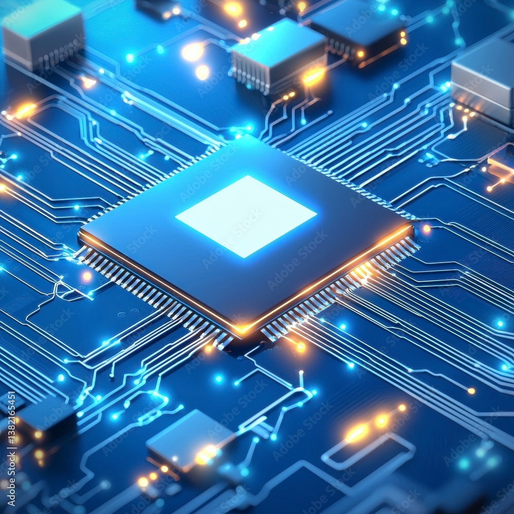 Poster innovative technology event showcasing microchip advancements tech lab digital artwork futuristic en