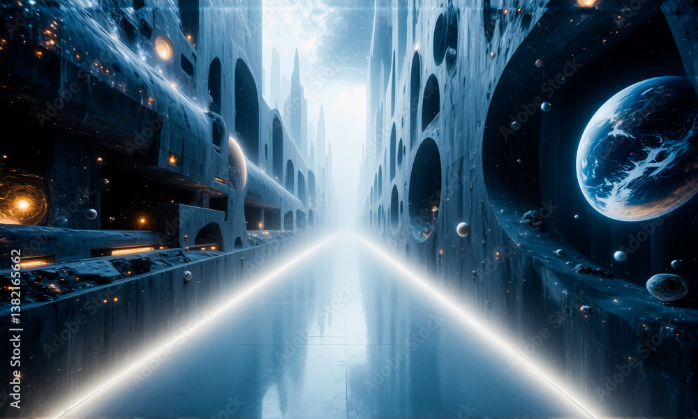 Fototapete a gleaming path stretches through a colossal futuristic structure, opening to a cosmic vista filled 