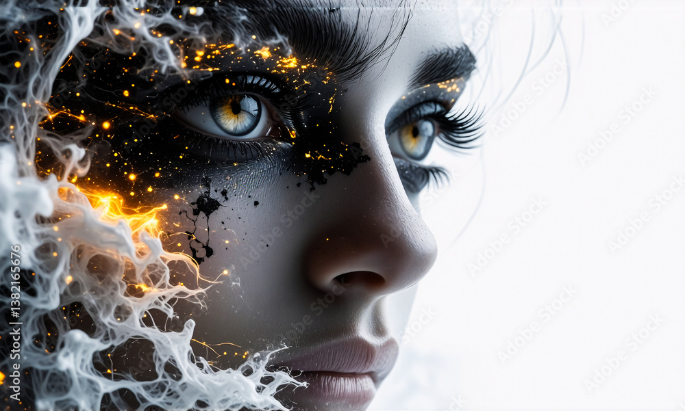 Poster a striking close-up captures a face with intense eyes, where golden particles and abstract forms dan
