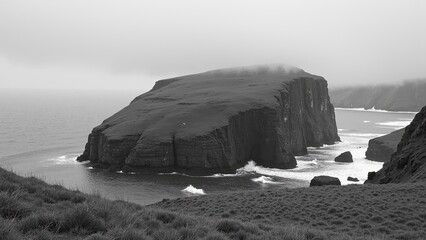 A rock formation in the fog