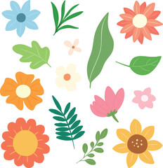 Naklejka premium Collection of colorful flowers and leaves in flat style isolated on white background. cute floral elements for decoration