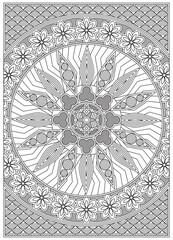 Mandala floral coloring page for adult black and white linear drawing