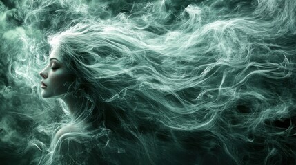 Obraz premium A surreal, ethereal portrait of a woman with flowing hair, surrounded by wispy smoke, evoking a sense of tranquility and mystery.