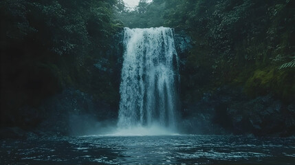 Lush Waterfall Plunges into Pool, Jungle Background