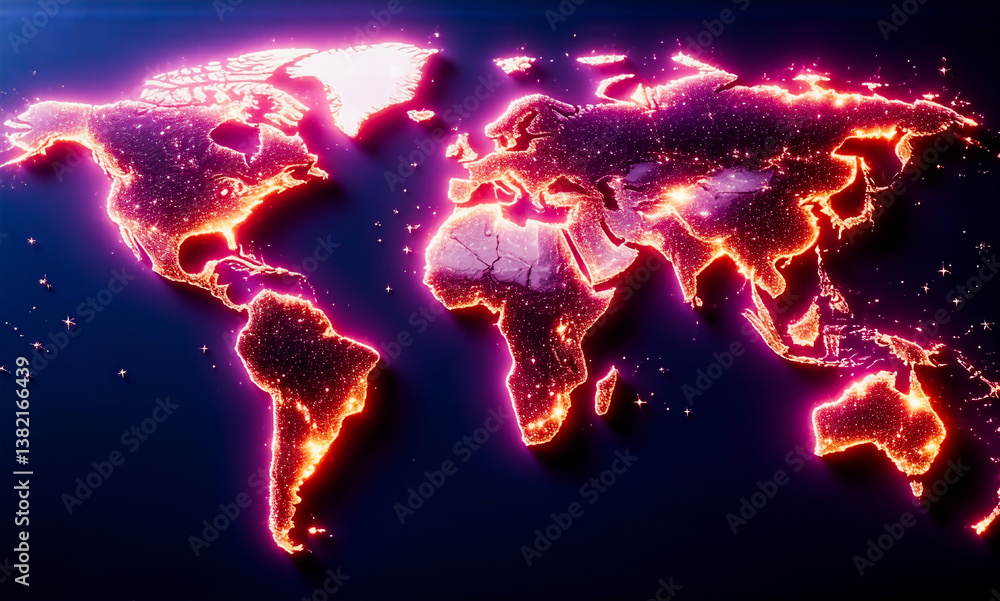 Aufkleber Glowing world map with vibrant orange and red lights highlighting continents on a dark blue background. A modern, digital representation of global connection.