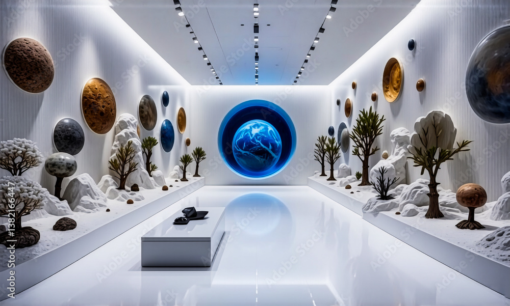 Poster minimalist art gallery featuring abstract planet orbs, tree-like sculptures and surreal forms in a b