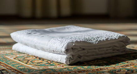 Folded White Prayer Mats on Ornate Carpet in Soft Sunlight