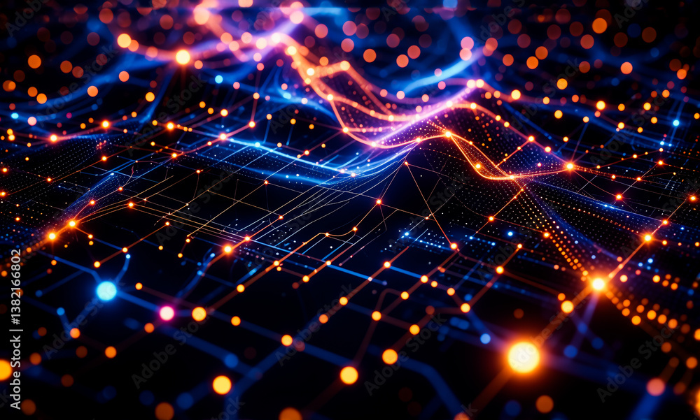 Aufkleber Abstract image of glowing blue and orange lines and dots creates a network on a dark backdrop. Visual representation of connection and data flow.