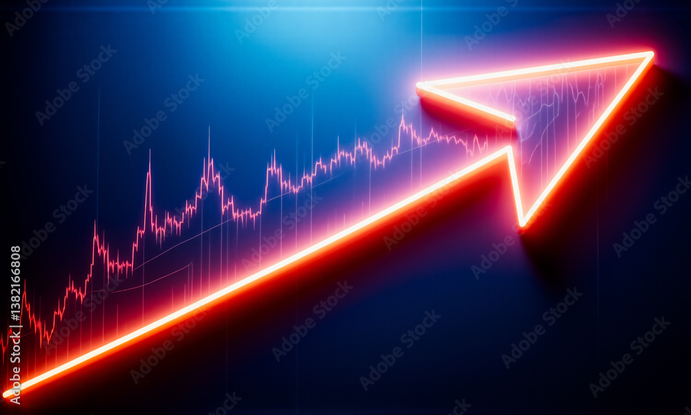 Poster a vibrant red neon arrow boldly ascends against a dark blue backdrop, overlaying a financial graph. 