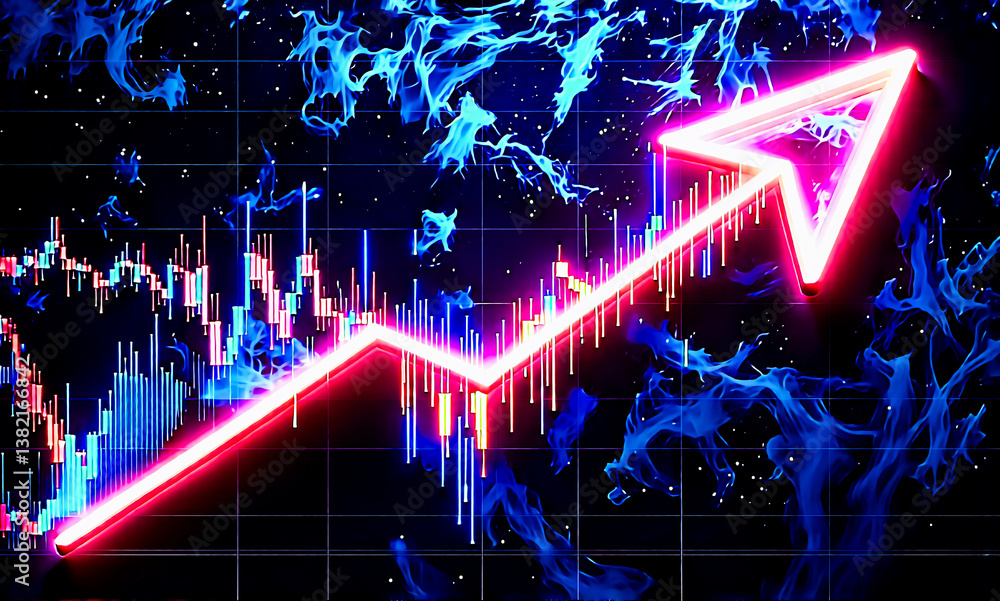 Poster vibrant red arrow pointing upwards above financial chart against a dark grid background with abstrac