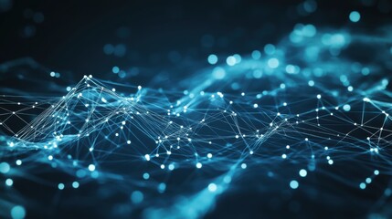 A digital network visualization depicting interconnected nodes and lines, highlighting data flow and technology in a futuristic setting.