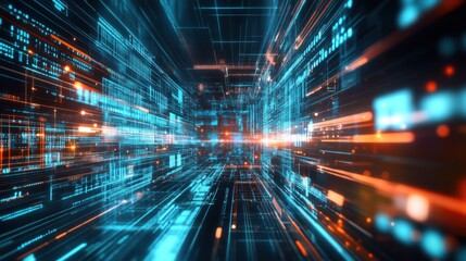 A vibrant, futuristic visualization of digital data streams, showcasing bright blue and orange lights representing technology and connectivity.