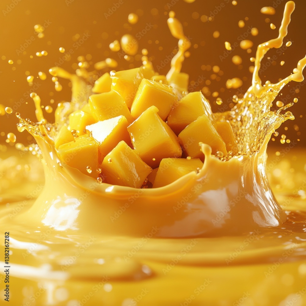 Poster a vibrant splash of mango cubes in creamy liquid, creating a dynamic and colorful visual explosion.