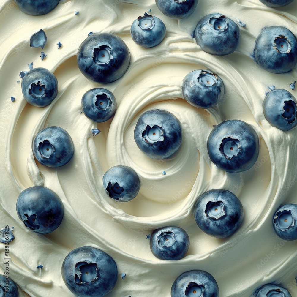 Poster a close-up view of fresh blueberries arranged on creamy swirl frosting, creating a visually appealin