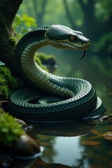 Fototapeta premium Colossal snake coiled in swamp , water, swamp