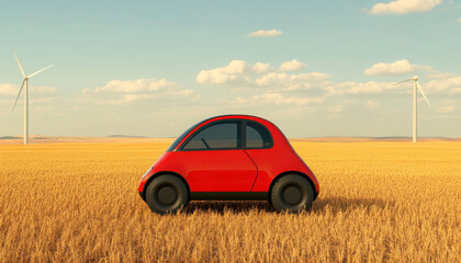 A small red car parked in a golden field with wind turbines.