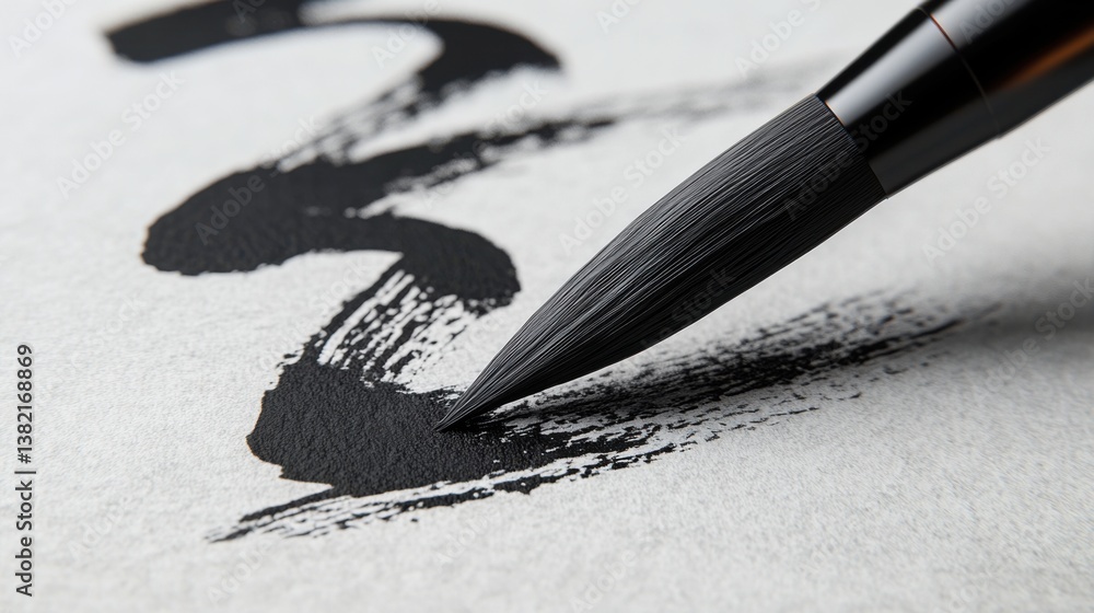 Poster a close-up of a brush applying black ink on textured paper, creating bold strokes that suggest artis
