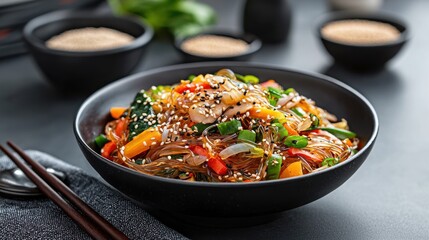 Delicious Bowl of Noodles with Tasty Chops and Fresh Vegetables Served