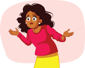 Exasperated Woman feeling Puzzled and Shrugging Vector Cartoon. Clueless lady feeling uncertain and confused wondering 
