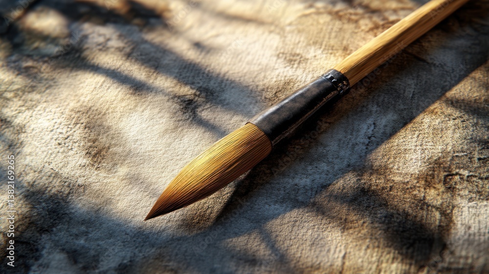 Poster a close-up view of a paintbrush resting on a textured surface, highlighting its fine tip and wooden 