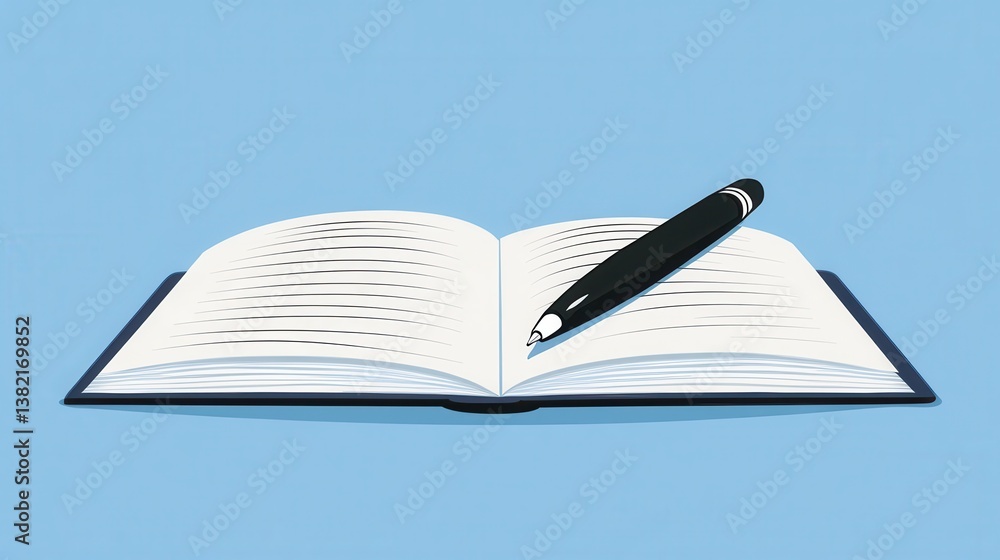 Poster an open book with blank pages and a pen resting on it, set against a simple blue background.