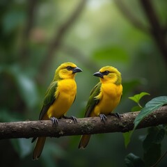 Obraz premium Para żółtych ptaków siedzących na gałęzi drzewa