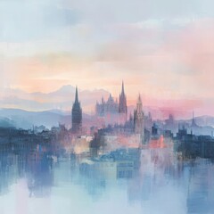 Fototapeta premium Soft Pastel Sunset Over Ancient Castle and Hills in the Background