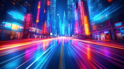 Obraz premium A vibrant cityscape at night, showcasing illuminated skyscrapers and colorful light trails from moving vehicles.