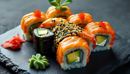 Delicious sushi platter featuring fresh salmon, avocado, and garnishes served on a black stone plate in a modern setting