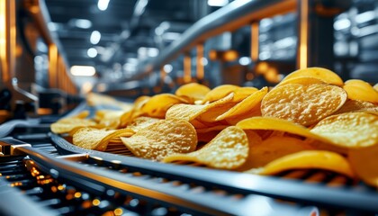 Close up view of modern potato chips being processed on a conveyor belt in a factory setting