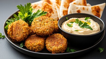 Delicious Plate of Food Featuring Variety of Dips and Tasty Pizza Slices