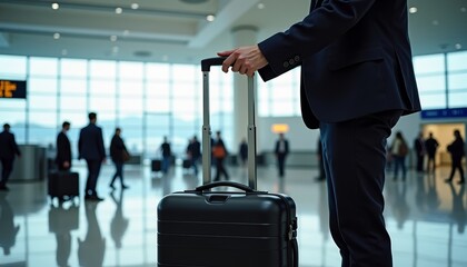Business traveler in a busy airport terminal waiting to board a flight during rush hour in the afternoon