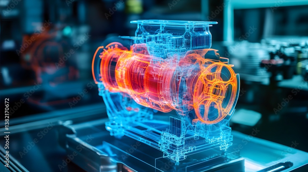 Poster a 3d model of a machine with red and orange parts. the machine is made of plastic and is on a table