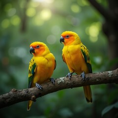 Fototapeta premium Two yellow and green parrots sitting on a tree branch