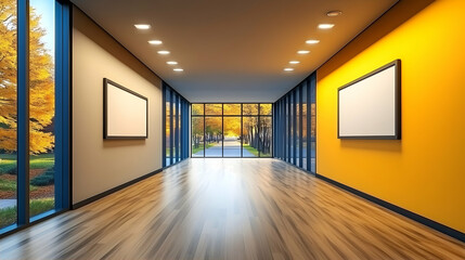 Autumnal office corridor with blank frames