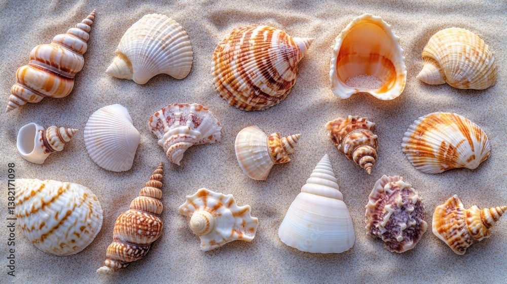 Poster a collection of various seashells displayed on a sandy surface, showcasing intricate patterns and na