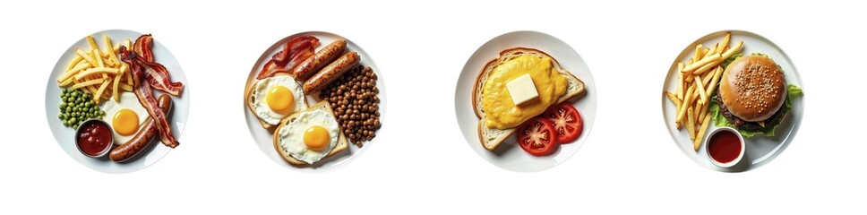 Delicious breakfast set featuring eggs, bacon, sausages, and a variety of sides served in a bright dining space