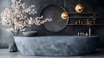 Naklejka premium Modern spa reception, dark decor, blossom tree