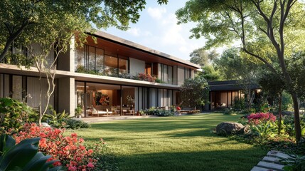 Fototapeta premium A stylish home with large open spaces, surrounded by a beautifully landscaped lawn with colorful flora.