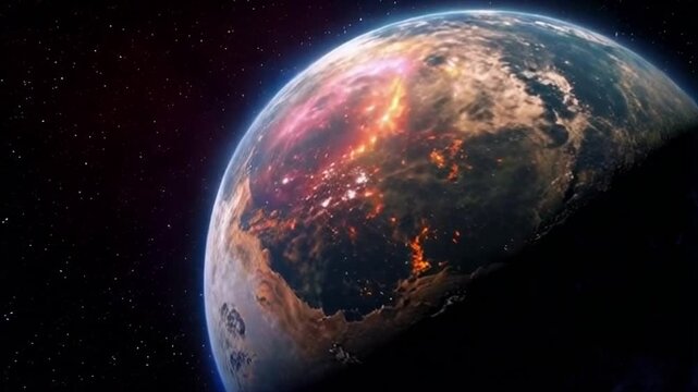 Planet rotating in space showing surface activity, HD animation footage.