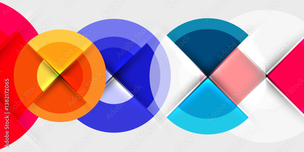 Poster Abstract geometric shapes overlap. Vibrant colors create dynamic composition. Circles, triangles, lines form modern design. Smooth gradients add depth.