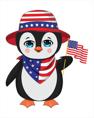 Cute Penguin With American Flag Hat And Bandanna 4th of July Vector