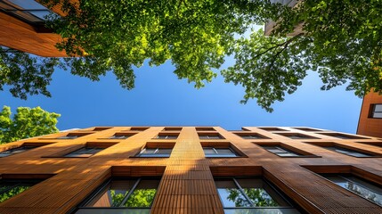 A modern apartment building with a warm wood facade is led amongst lush green trees against a...