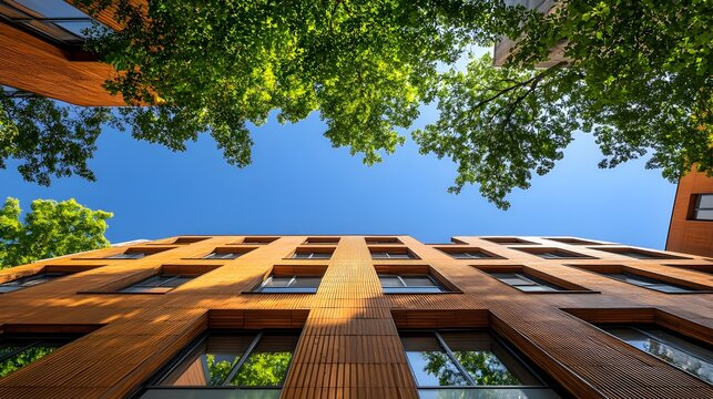 Fototapeta A modern apartment building with a warm wood facade is led amongst lush green trees against a vibrant blue sky.