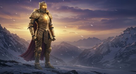 Fototapeta premium Golden Knight: Guardian of the Snowy Peaks