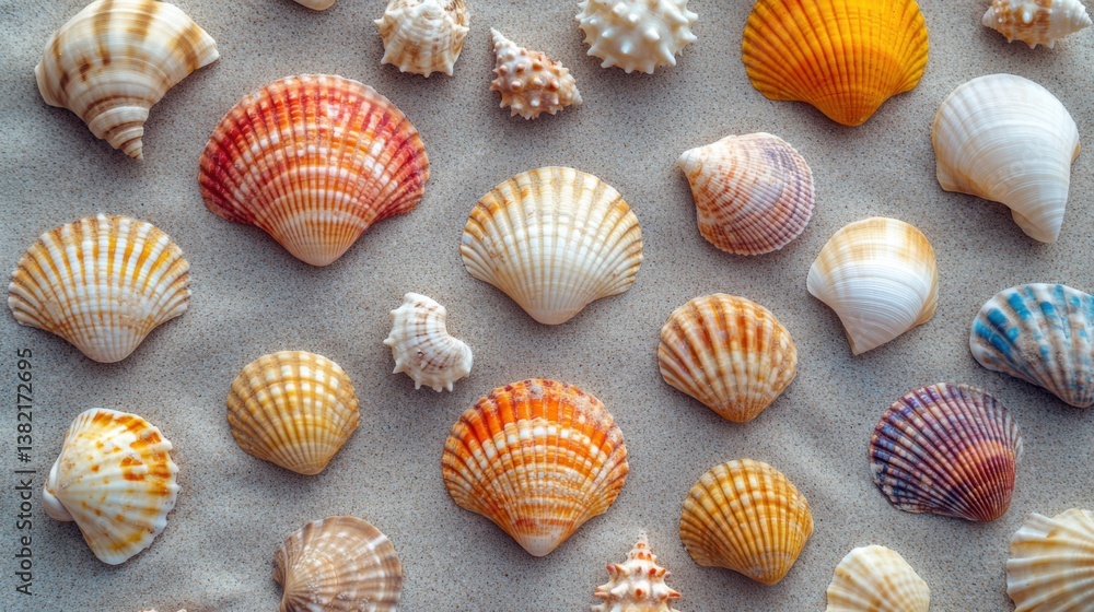Aufkleber a colorful arrangement of various seashells scattered on sandy surface, showcasing unique patterns a