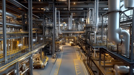 A large industrial building with many pipes and a yellow line on the floor. Scene is industrial and possibly dangerous