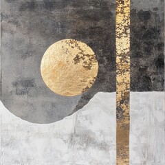 Abstract Art with Golden Elements and Circular Sun on Grey Canvas