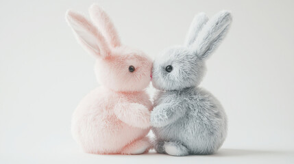 Fototapeta premium Cute plush bunnies in pastel colors, one pink and one gray, are snuggling together, creating dreamy and aesthetic atmosphere perfect for nursery